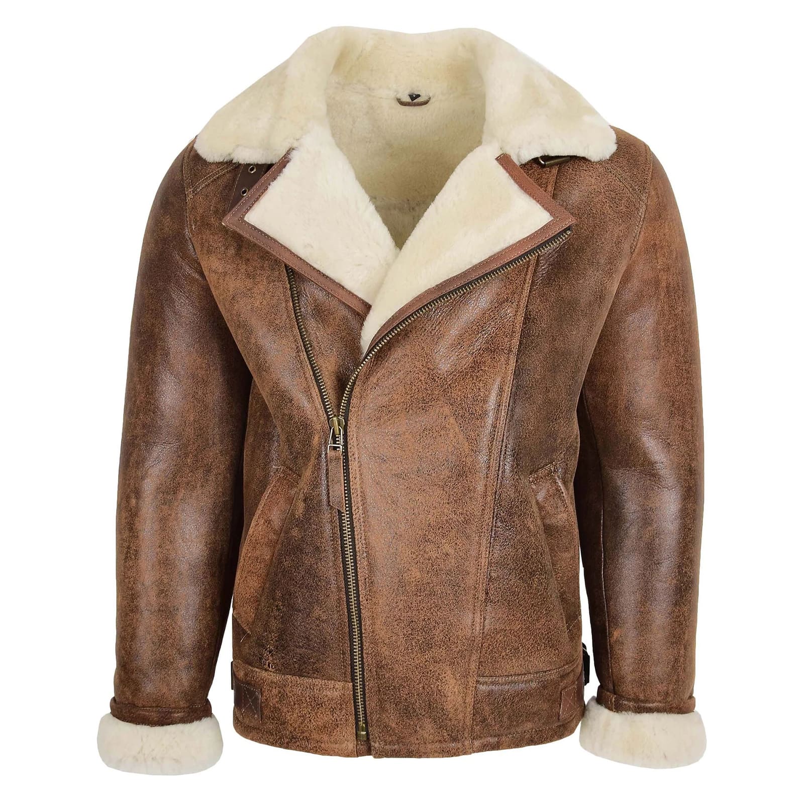 WeeBroz Men's Vintage Brown Sheepskin Leather Bomber Jacket Aviator Style - Image 1