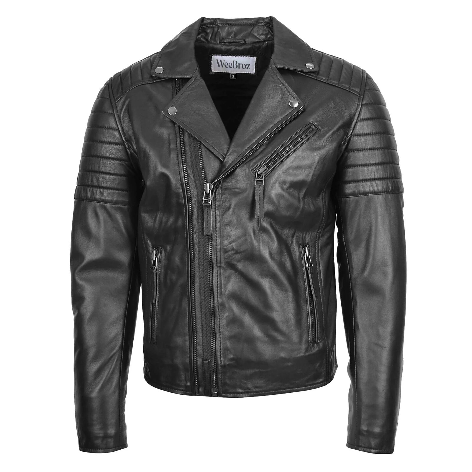 WeeBroz Men's Black Leather Biker Jacket Dual Zip Hook Style - Image 1