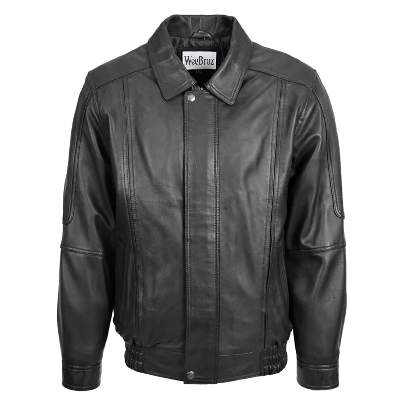 WeeBroz Men’s Black Leather Bomber Jacket Classic Style - Image 1