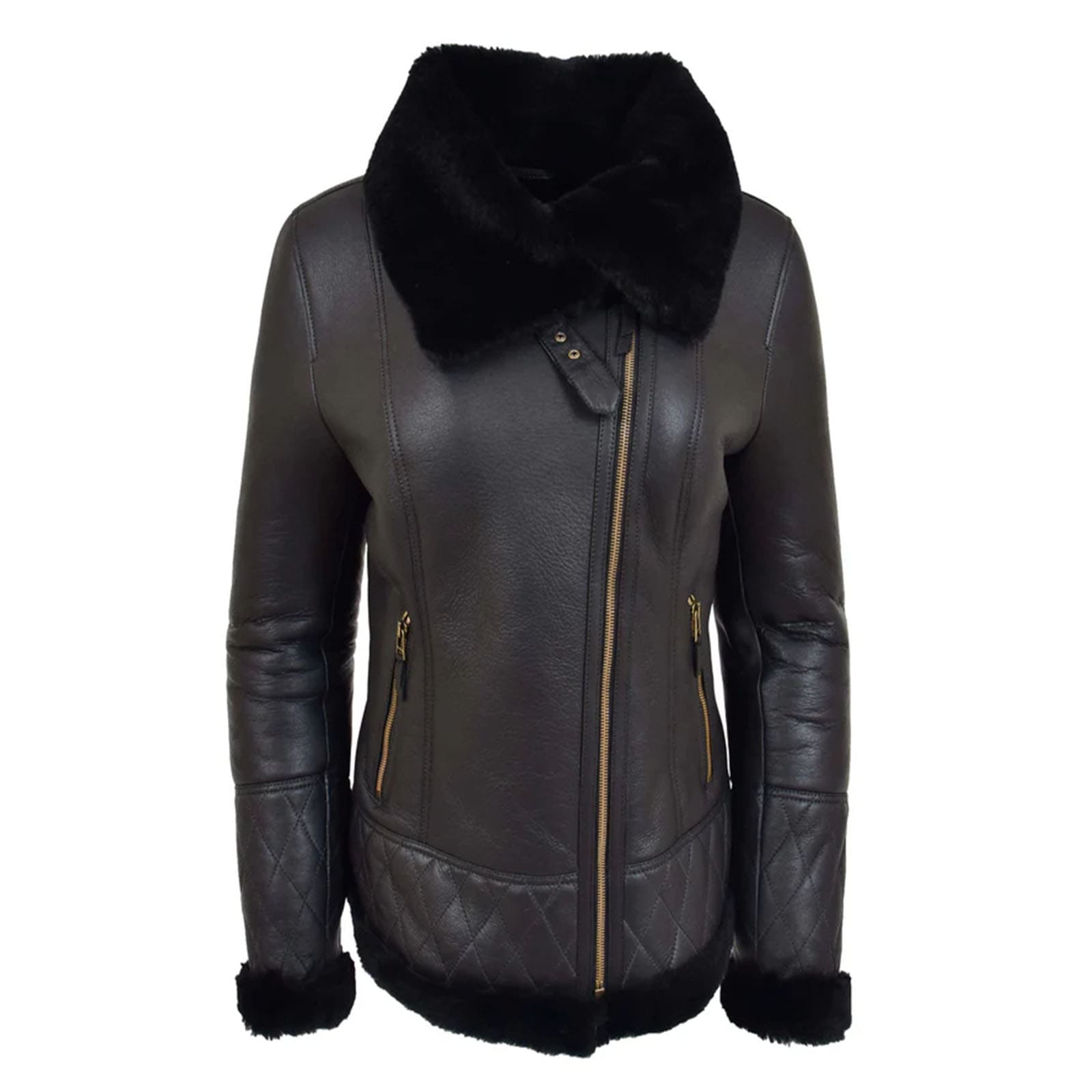 WeeBroz Women’s Black Leather Bomber Jacket Sheepskin Flight Jacket - Image 1