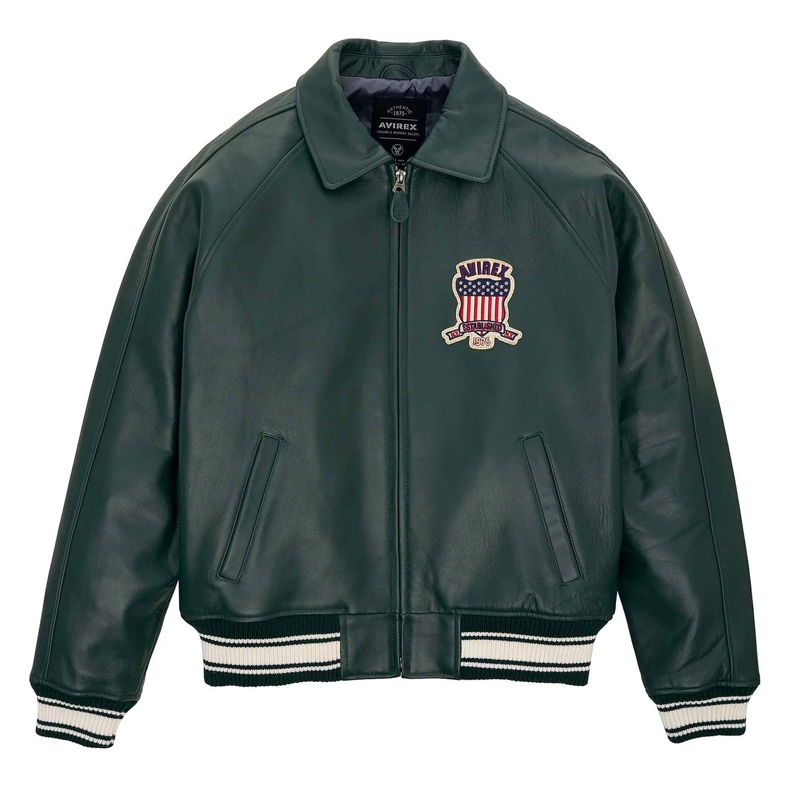 Best Seller Men's Iconic Avirex Leather Jacket Dark Green Leather Bomber Jacket Aviator Style - Image 1