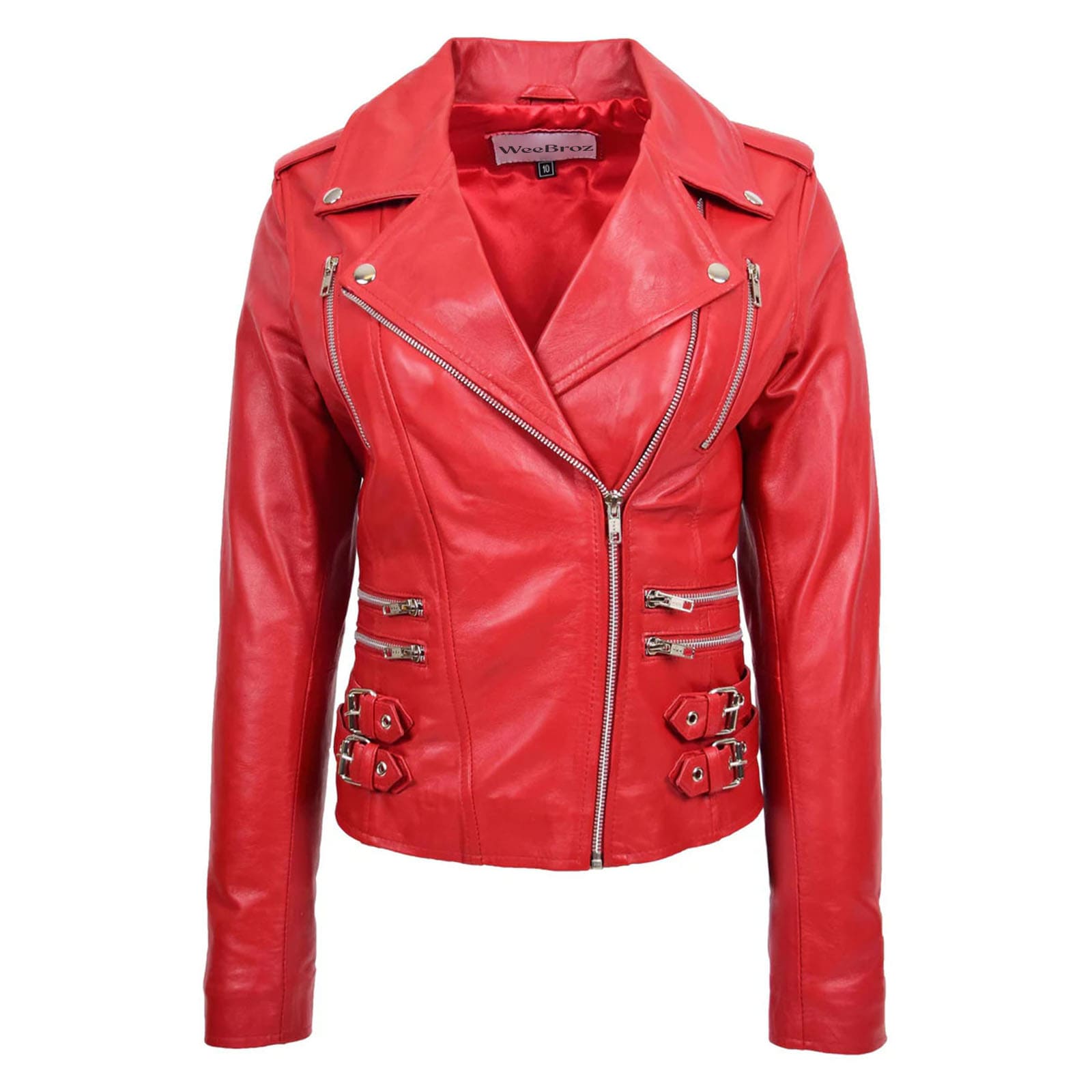 WeeBroz Women's Red Leather Biker Jacket Fashion Cross Zip Style - Image 1