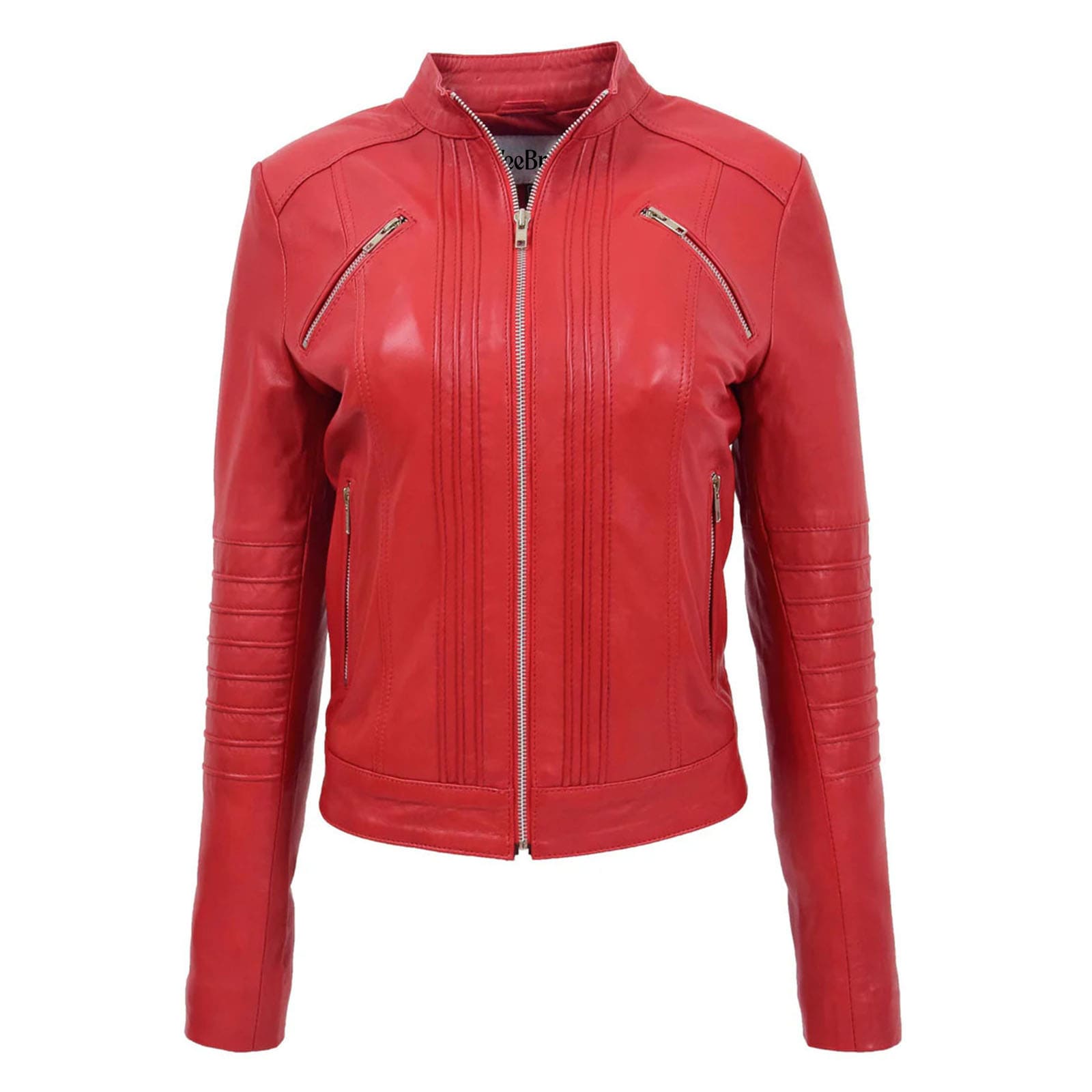 WeeBroz Women's Red Leather Biker Jacket Classic Biker Style - Image 1