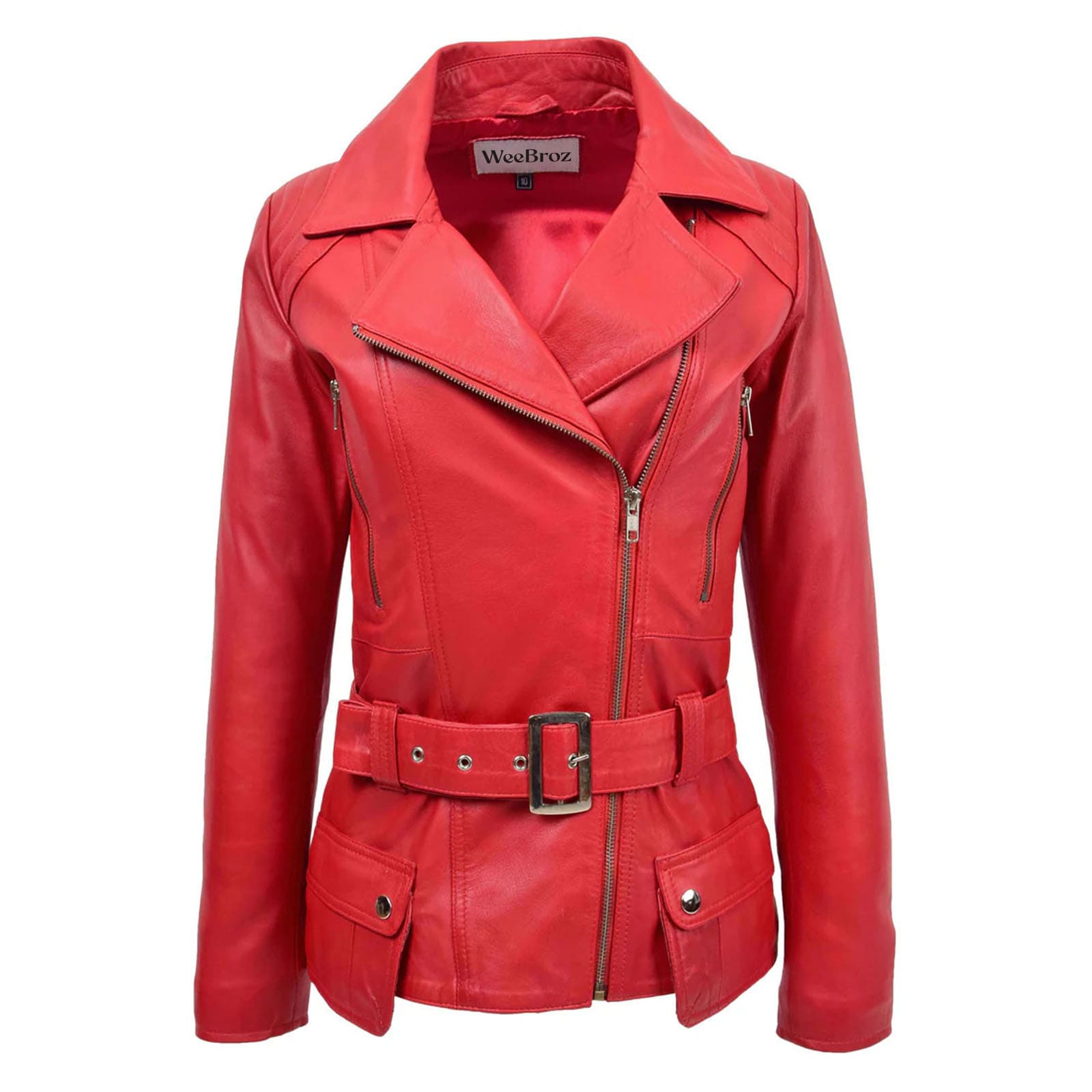 WeeBroz Women's Red Leather Biker Jacket Hip-Length Moto Jacket - Image 1