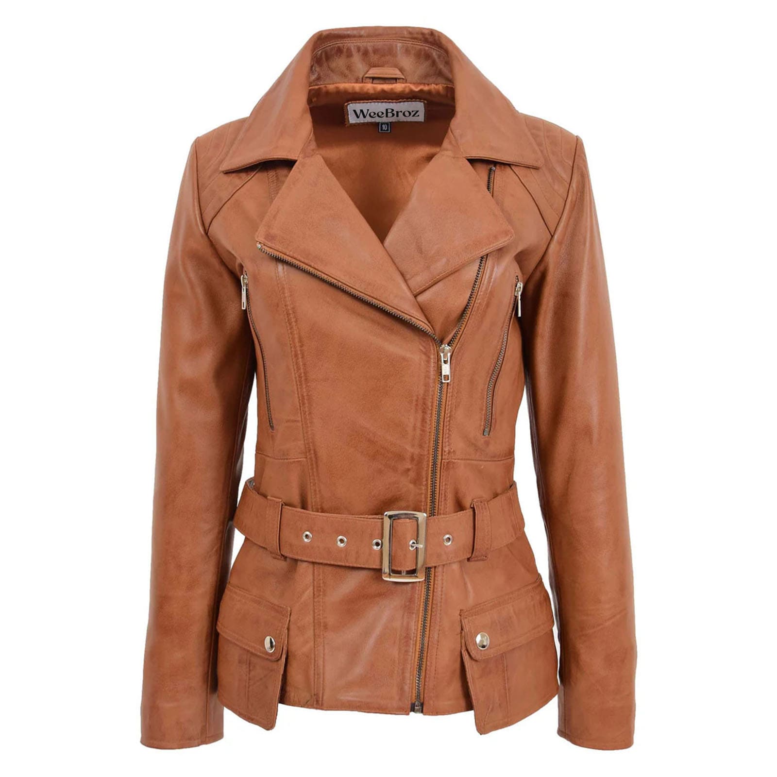 WeeBroz Women's Tan Leather Biker Jacket Hip-Length Jacket - Image 1