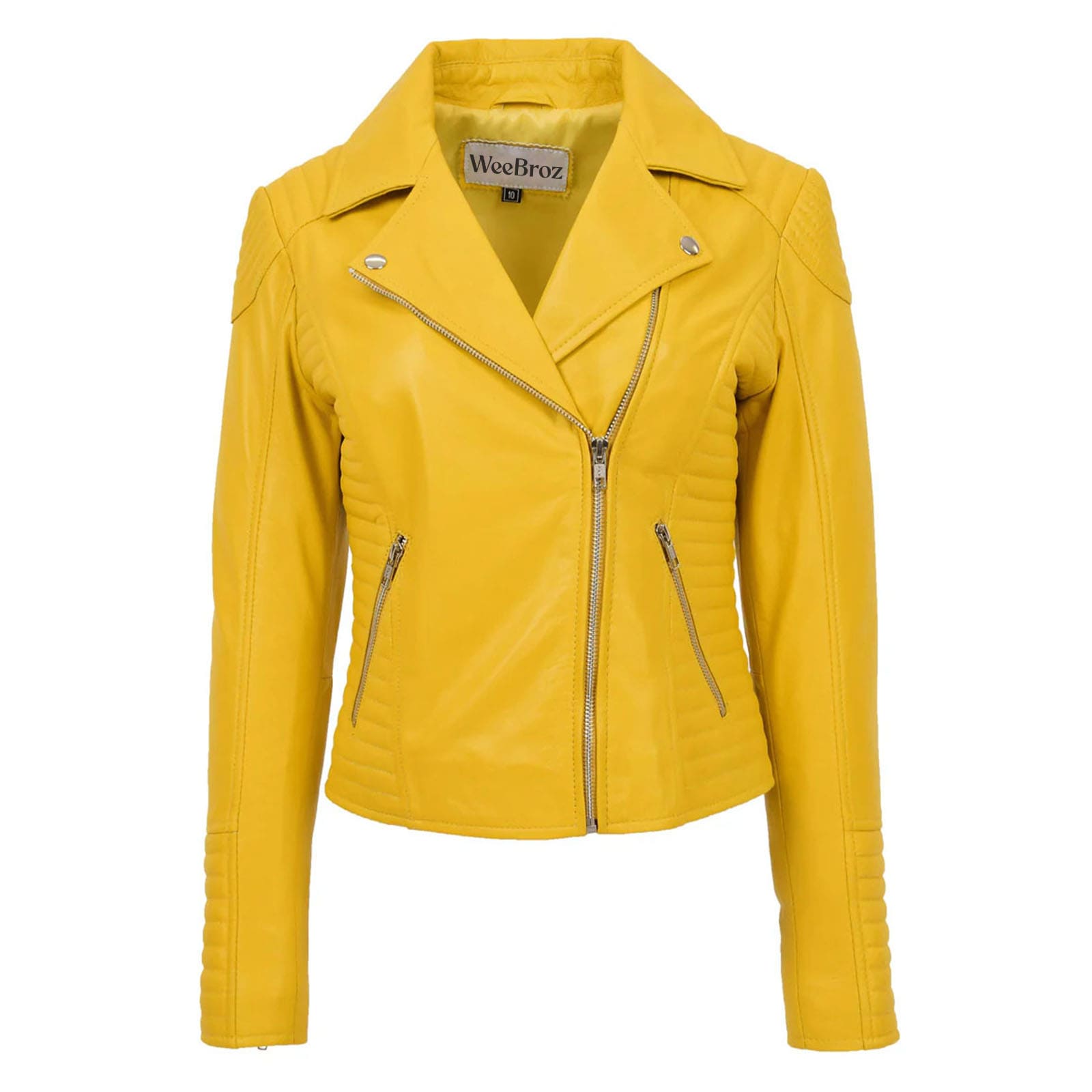 WeeBroz Women's Yellow Soft Leather Biker Jacket Cross Zip Style - Image 1