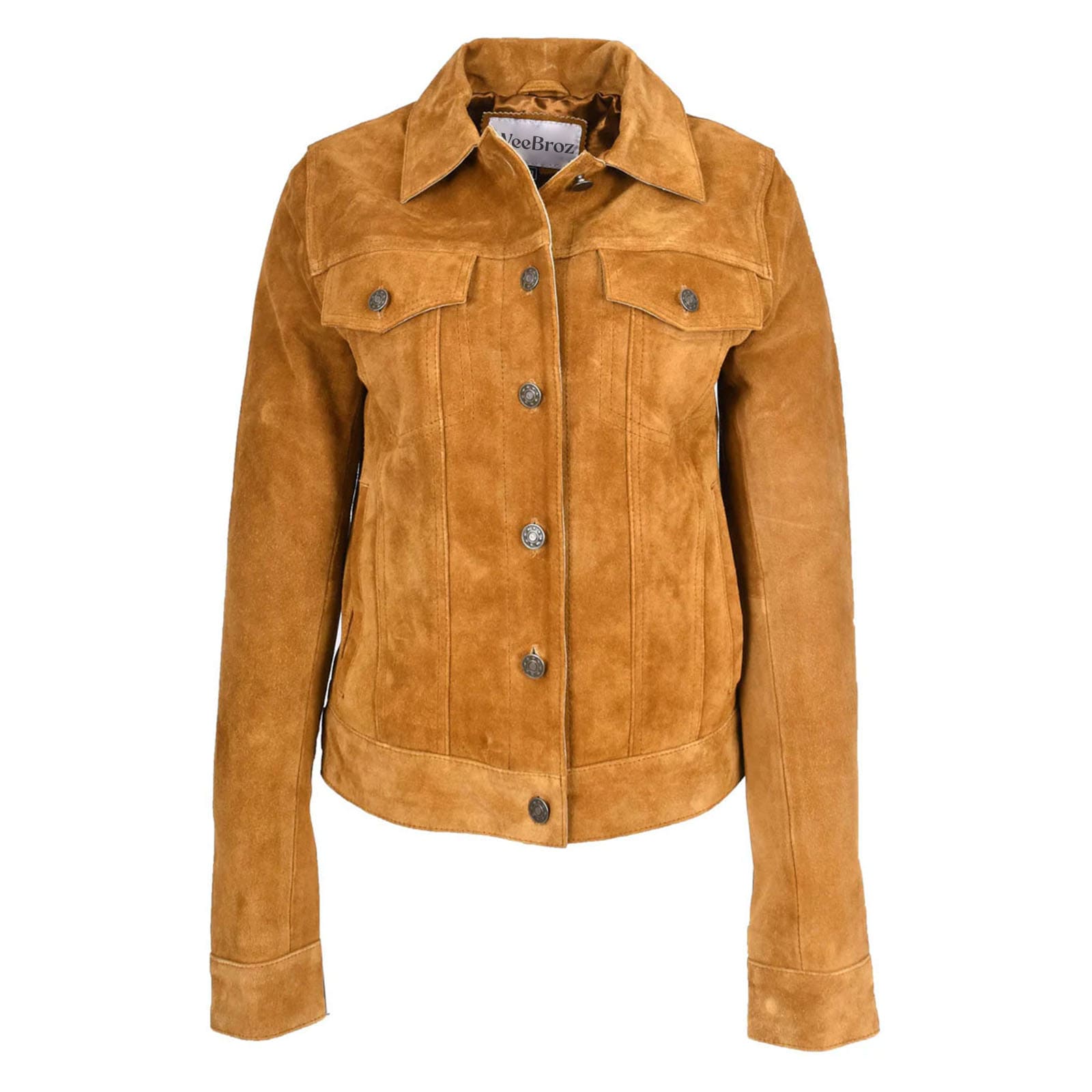 WeeBroz Women's Tan Leather Biker Jacket Suede Trucker Style - Image 1