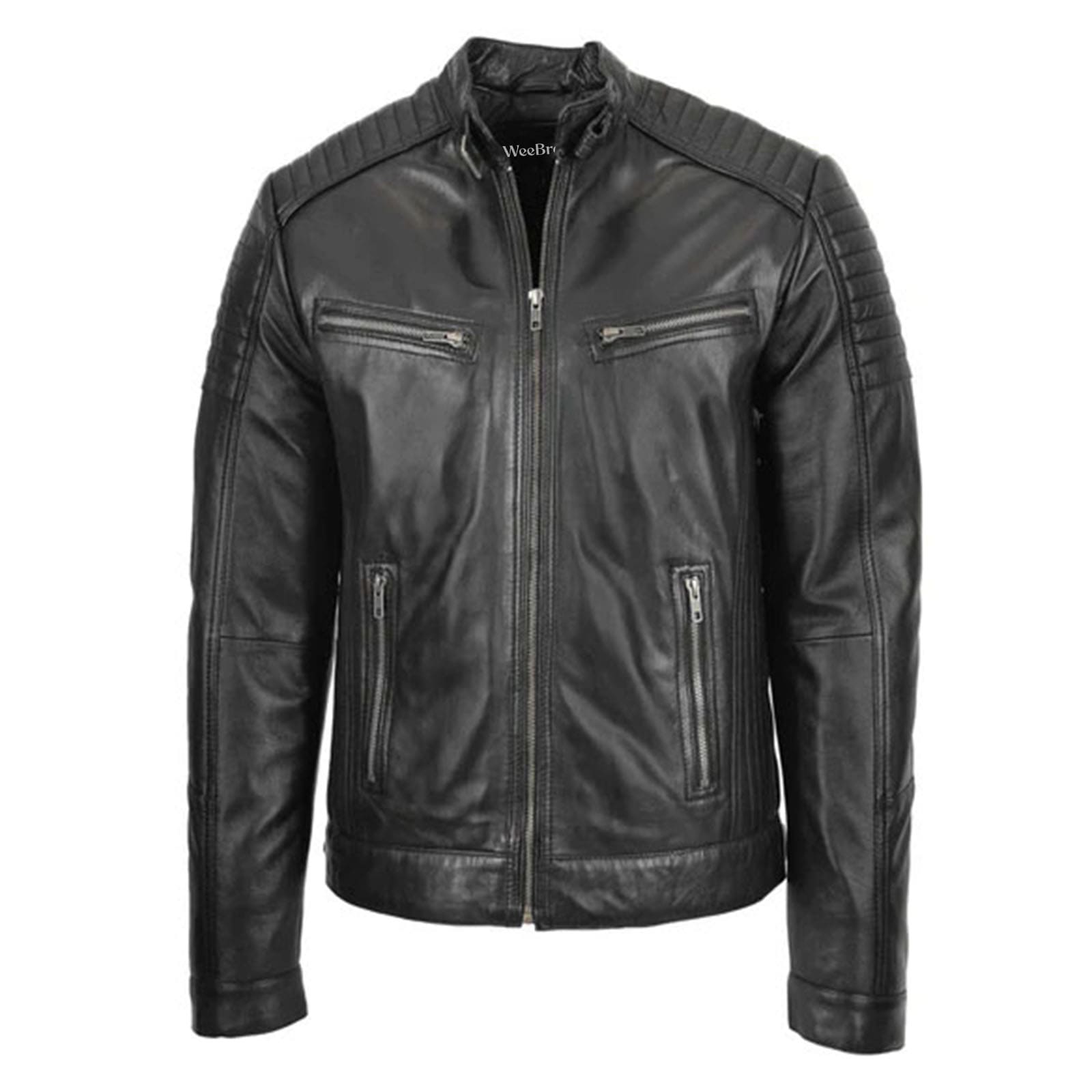 WeeBroz Men's Black Leather Biker Jacket Classic Cafe Racer Style - Image 1