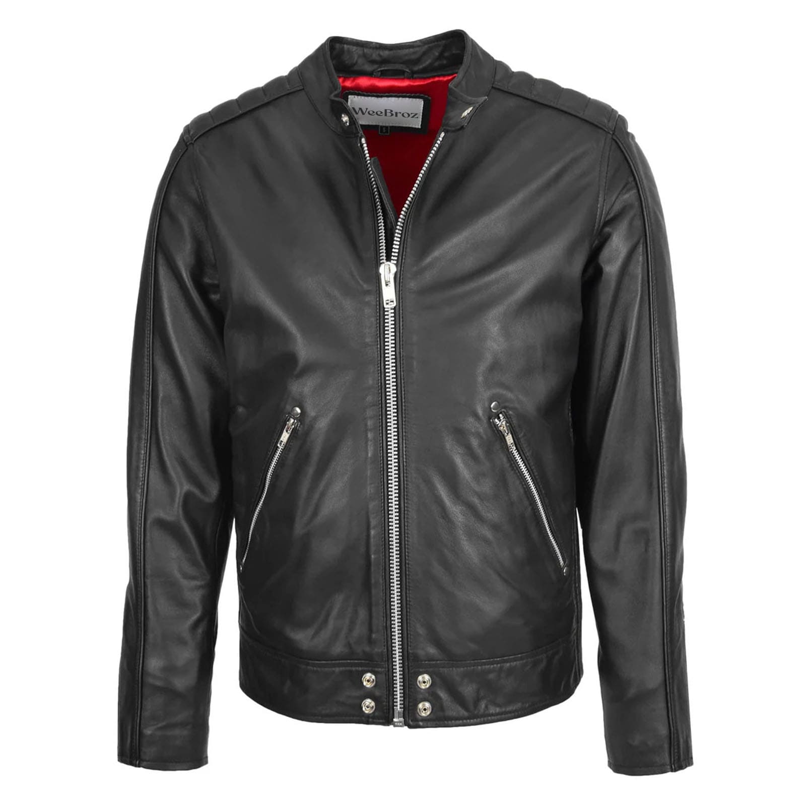 WeeBroz Men's Black Leather Biker Jacket Casual Fashion Biker Style - Image 1