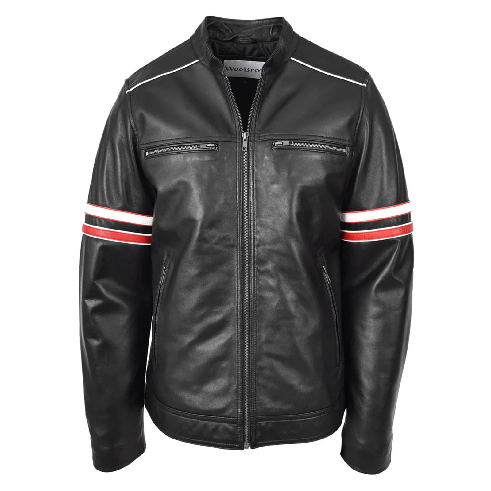WeeBroz Men's Black Leather Biker Jacket Cafe Racer Multi Stripes Style - Image 1
