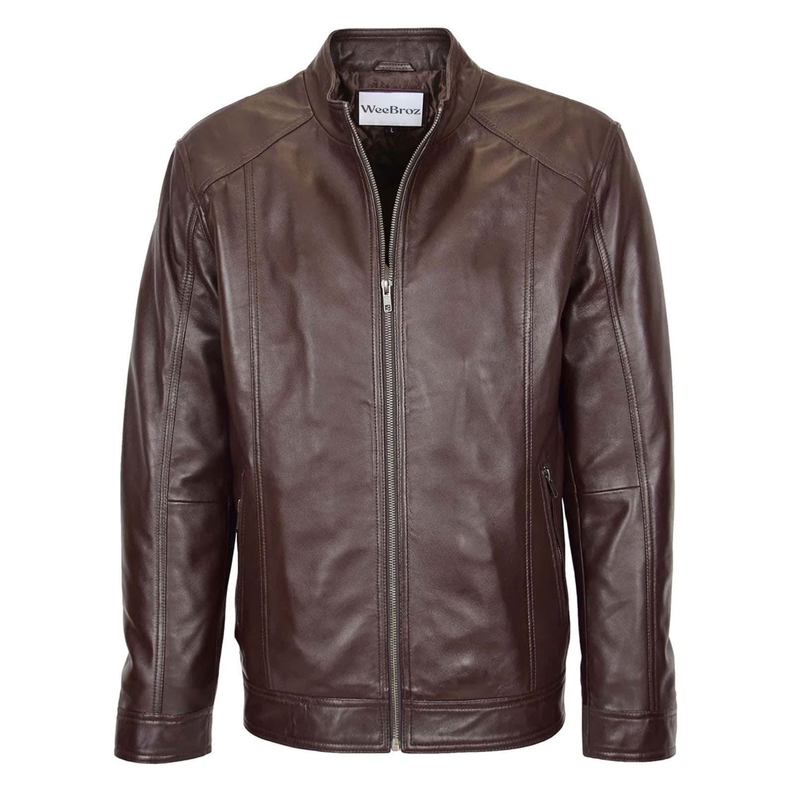 WeeBroz Men's Brown Soft Leather Biker Jacket Casual Plain Zip Style - Image 1